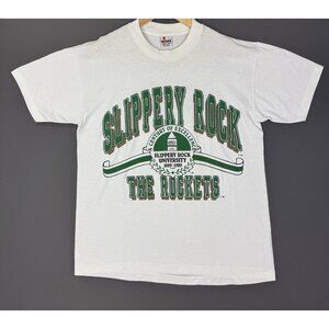 Vintage 90's Slippery Rock University The Rockets Rare White Tee Single Stitch L
